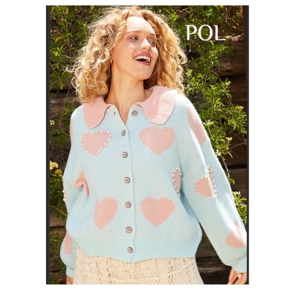 POL Sweaters - POL Heart pattern with faux pearl cardigan sweater